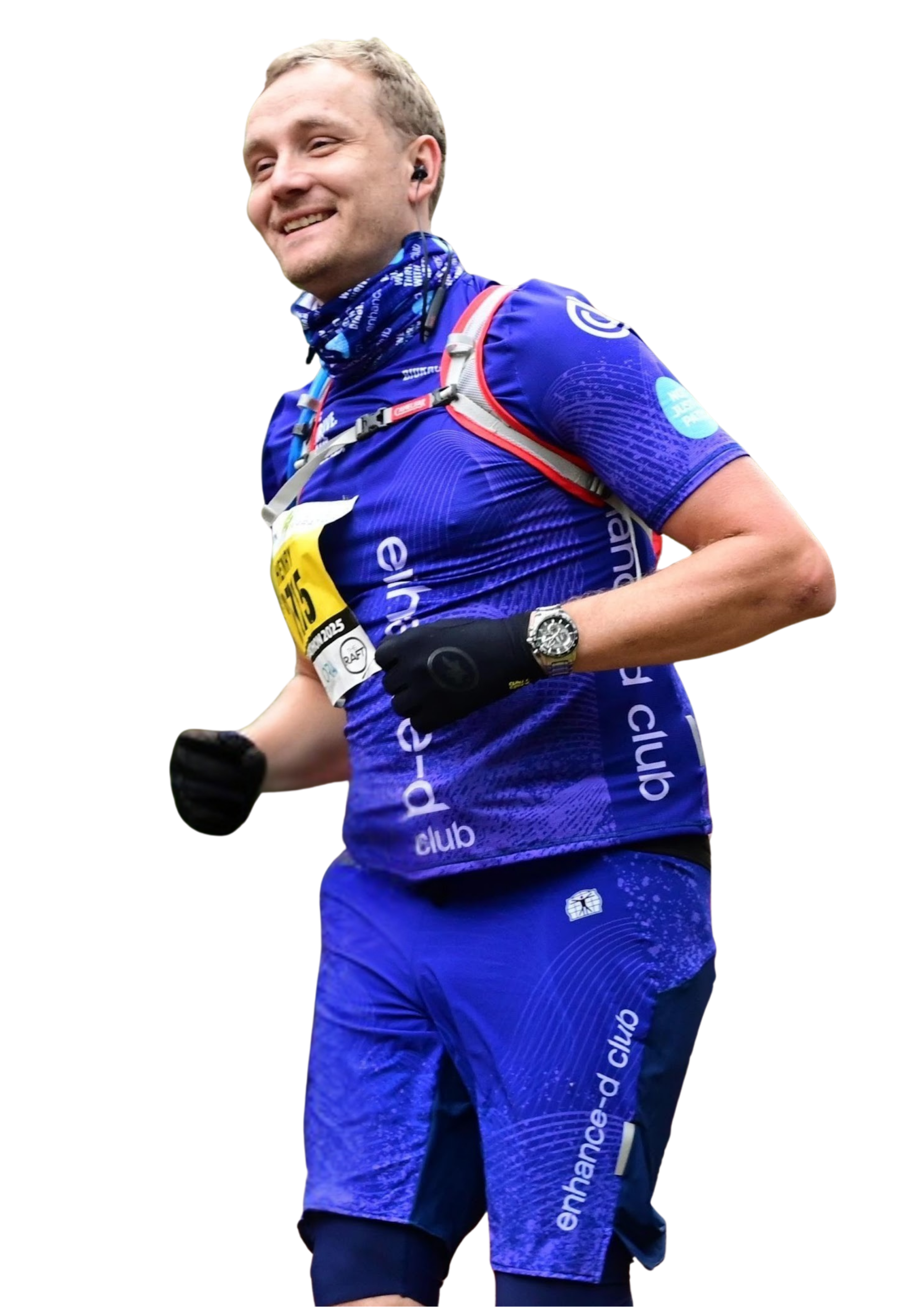 Henry Aspden running, wearing race kit and hydration vest